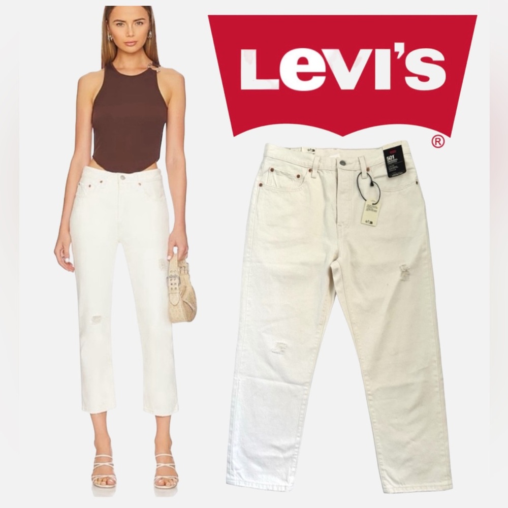 Levi’s White 501 Women’s Size 31 Cropped Booper Distressed Button Ecru Jean NWT